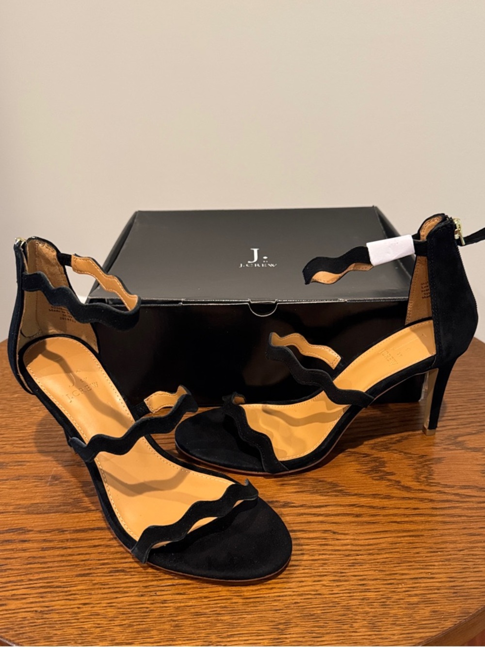 J. Crew Black Scallop-Strap Suede Heeled Sandals